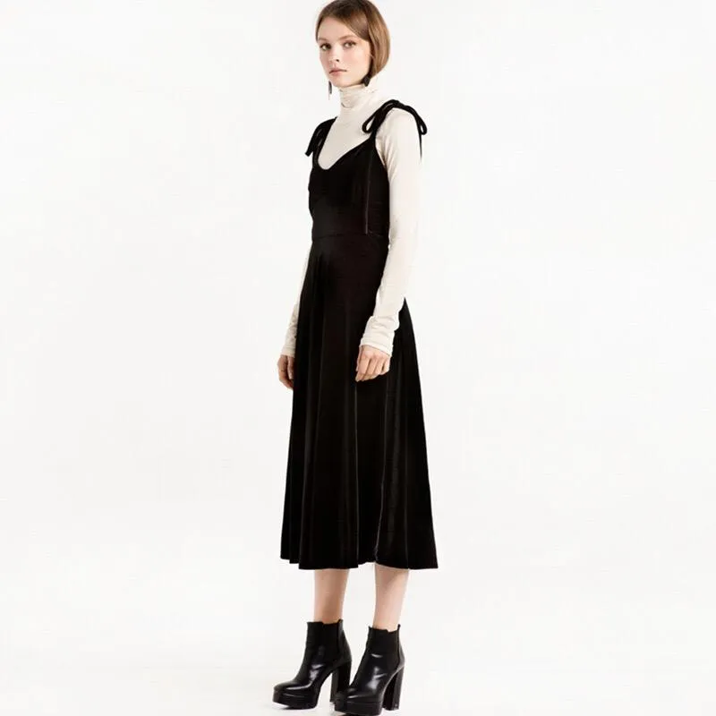 Black Velvet Dress Spring And Autumn New Versatile Suspender Skirt High Waist Large Swing Skirt Slim