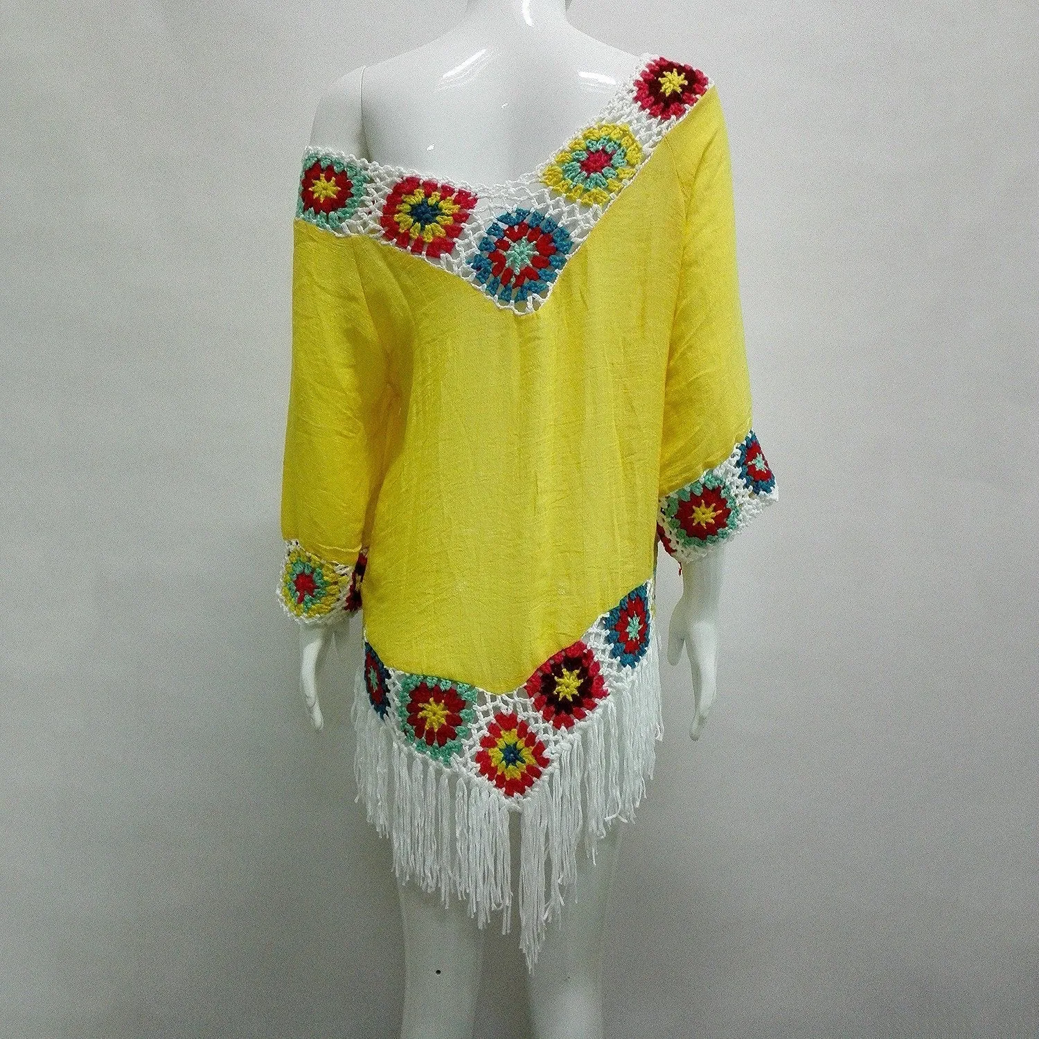 Bohemian Hook crochet large size bamboo cotton long coat Yellow and White color