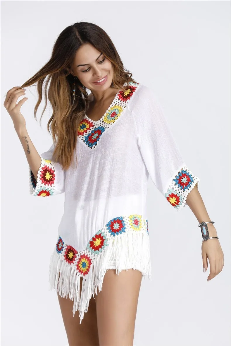 Bohemian Hook crochet large size bamboo cotton long coat Yellow and White color
