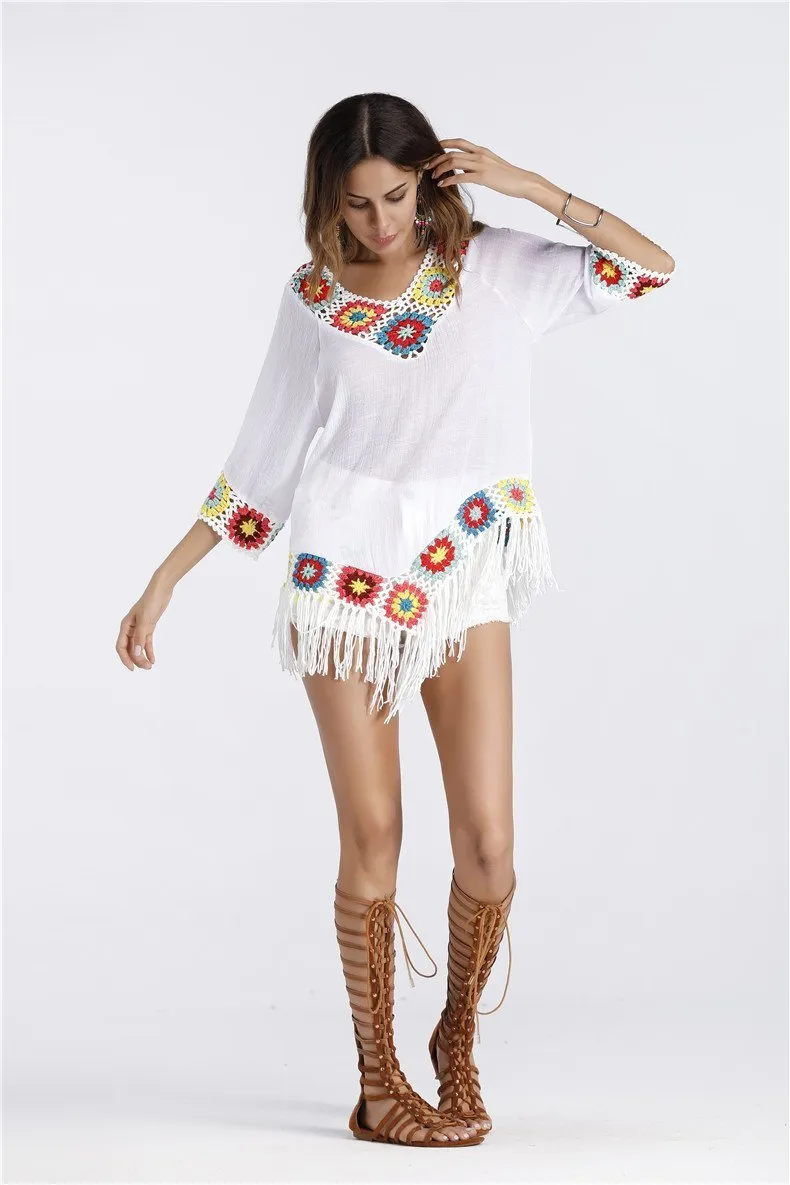 Bohemian Hook crochet large size bamboo cotton long coat Yellow and White color