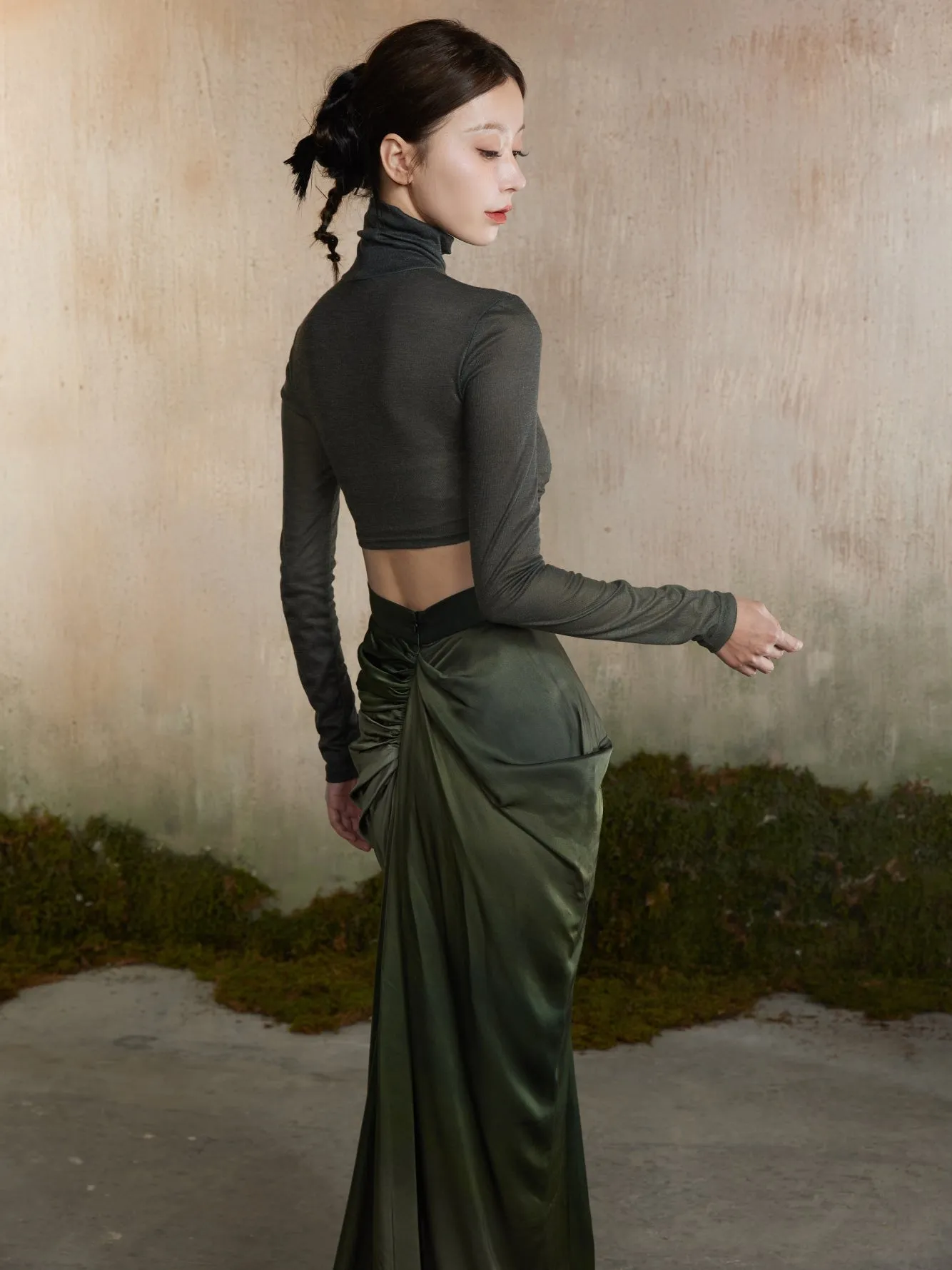 Drape Elegant Smooth Plain Long-Skirt