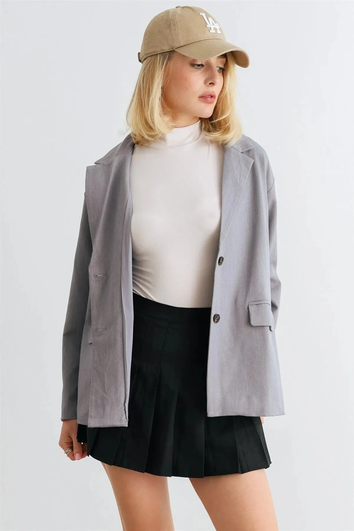 Heather Grey Button-Up Collared Neck Long Sleeve Blazer /1-2-2-1