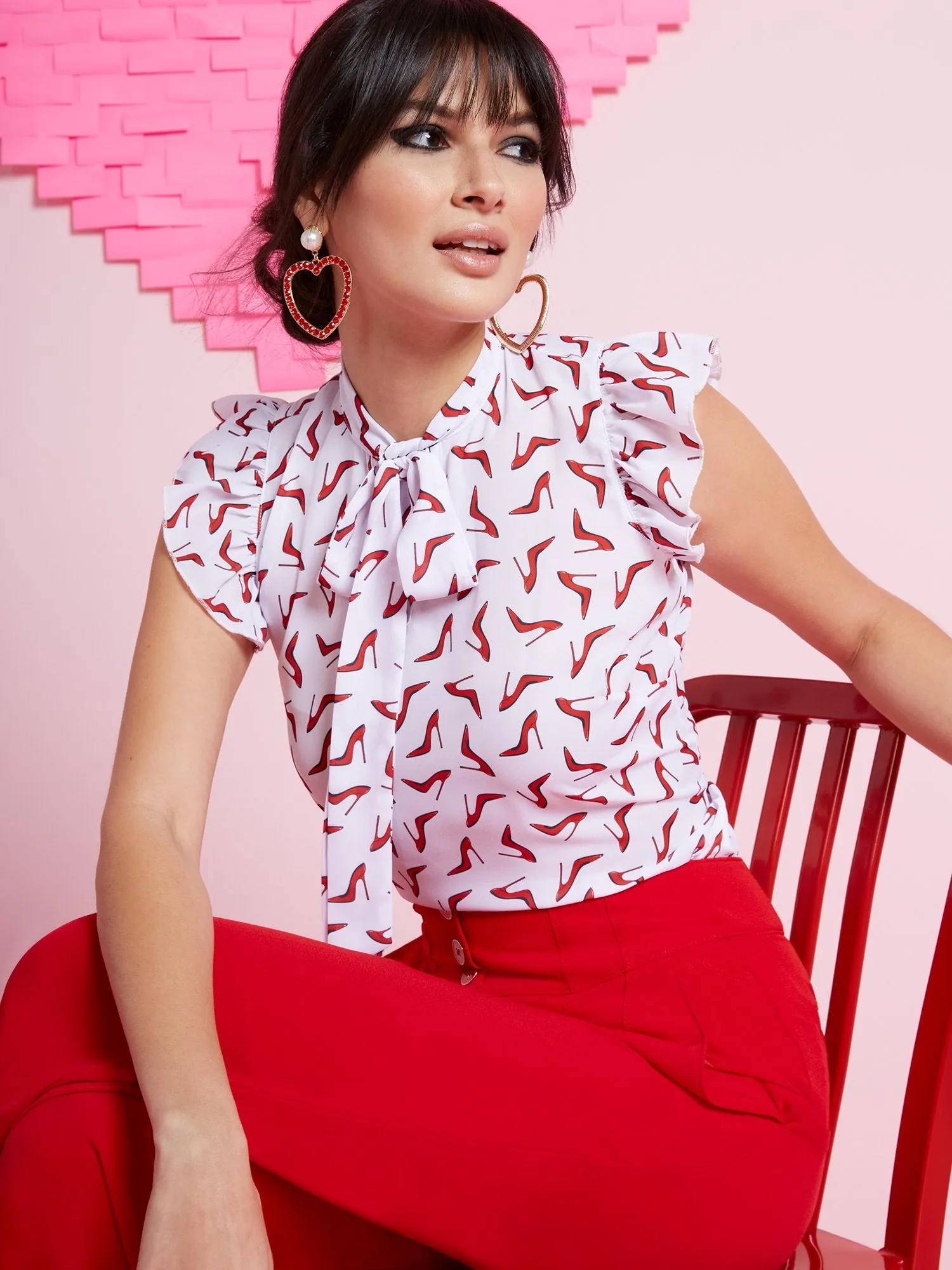 Heel-Print Ruffle-Sleeve Blouse