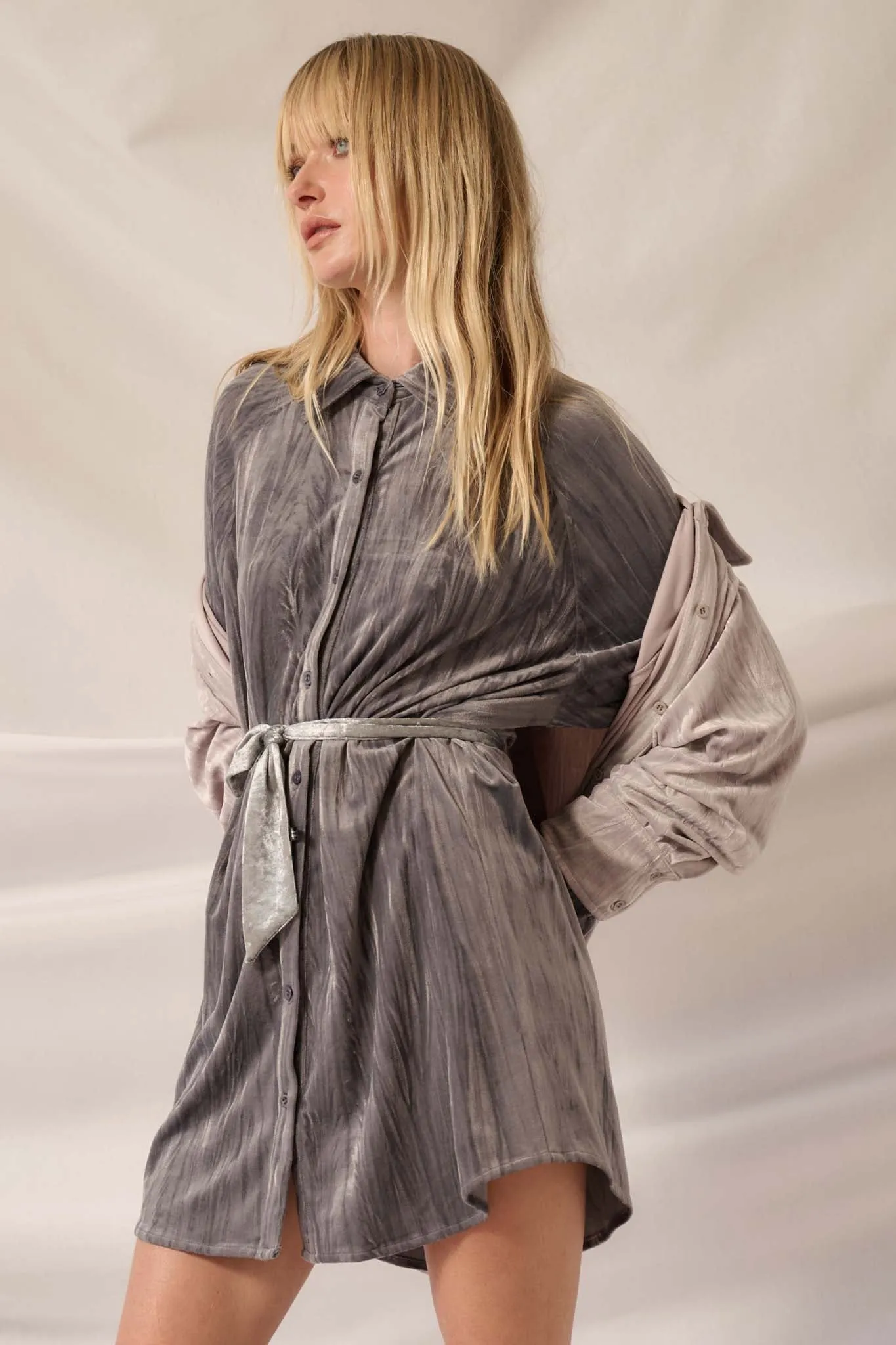 Laid-Back Luxury Crinkle Velvet Mini Shirt Dress