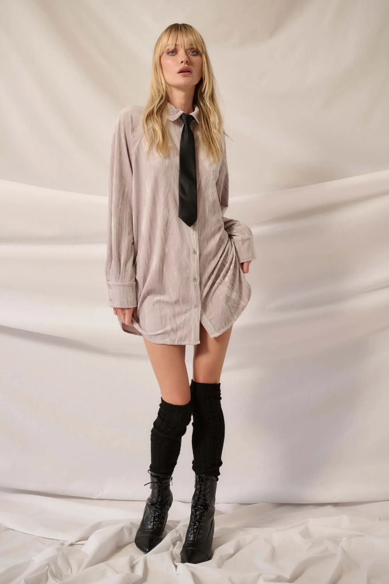 Laid-Back Luxury Crinkle Velvet Mini Shirt Dress