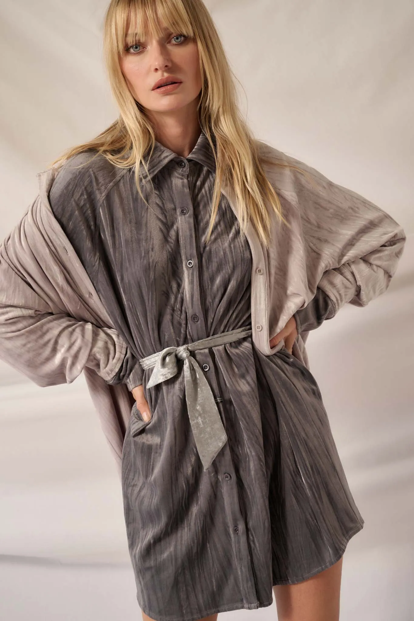 Laid-Back Luxury Crinkle Velvet Mini Shirt Dress