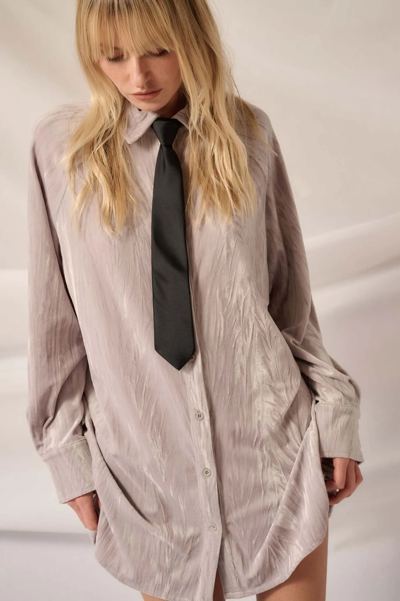 Laid-Back Luxury Crinkle Velvet Mini Shirt Dress