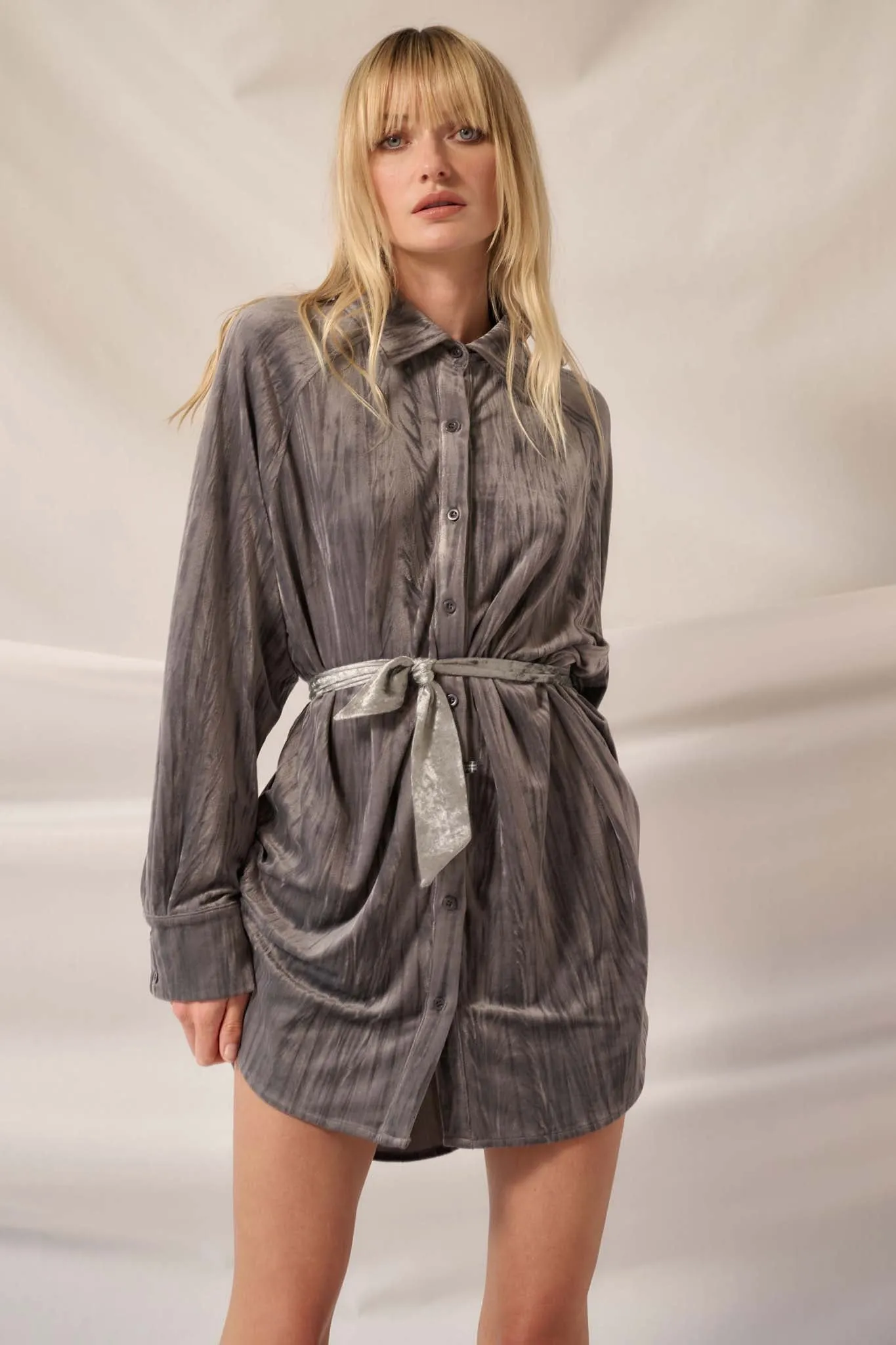 Laid-Back Luxury Crinkle Velvet Mini Shirt Dress