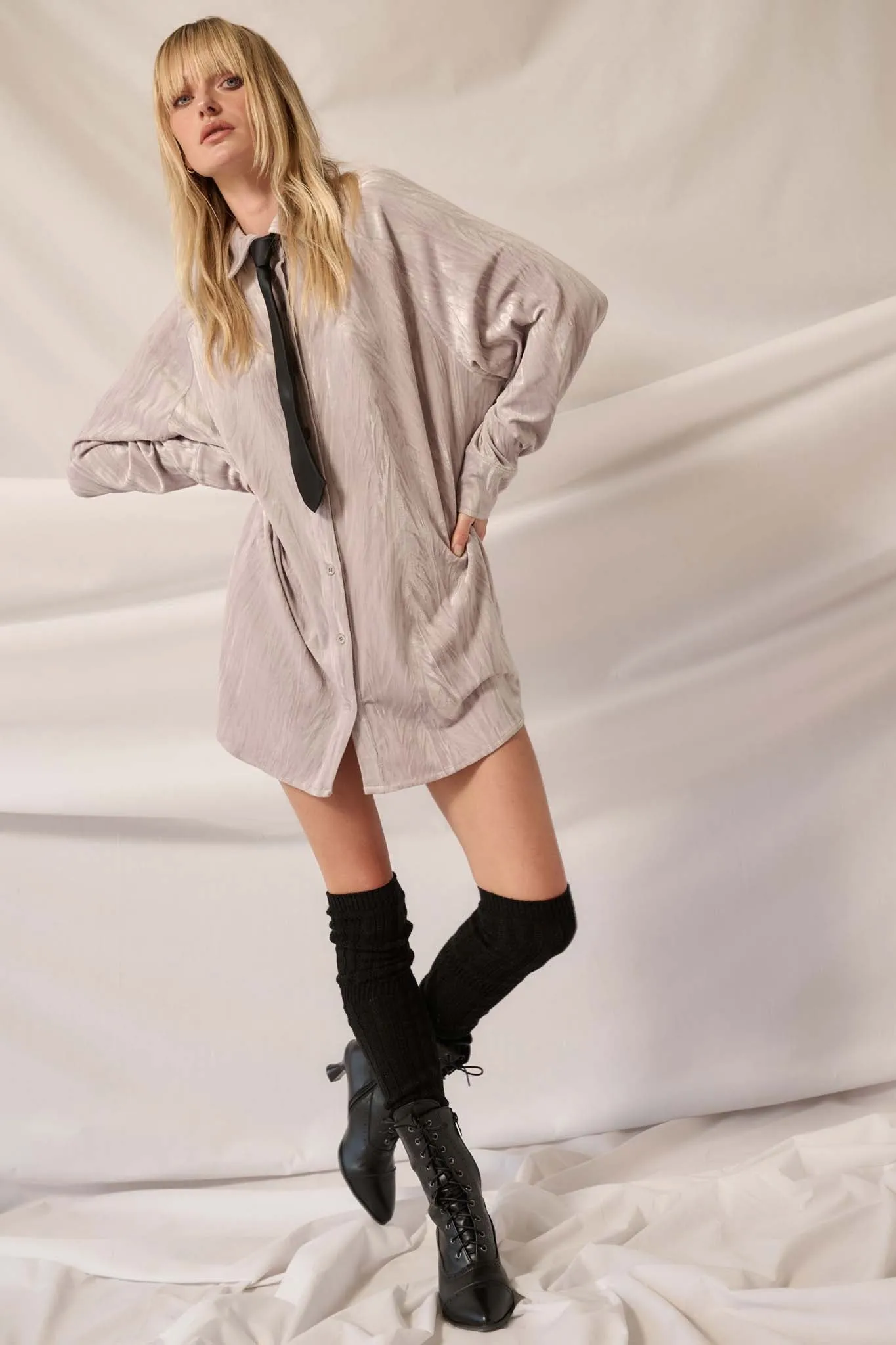 Laid-Back Luxury Crinkle Velvet Mini Shirt Dress