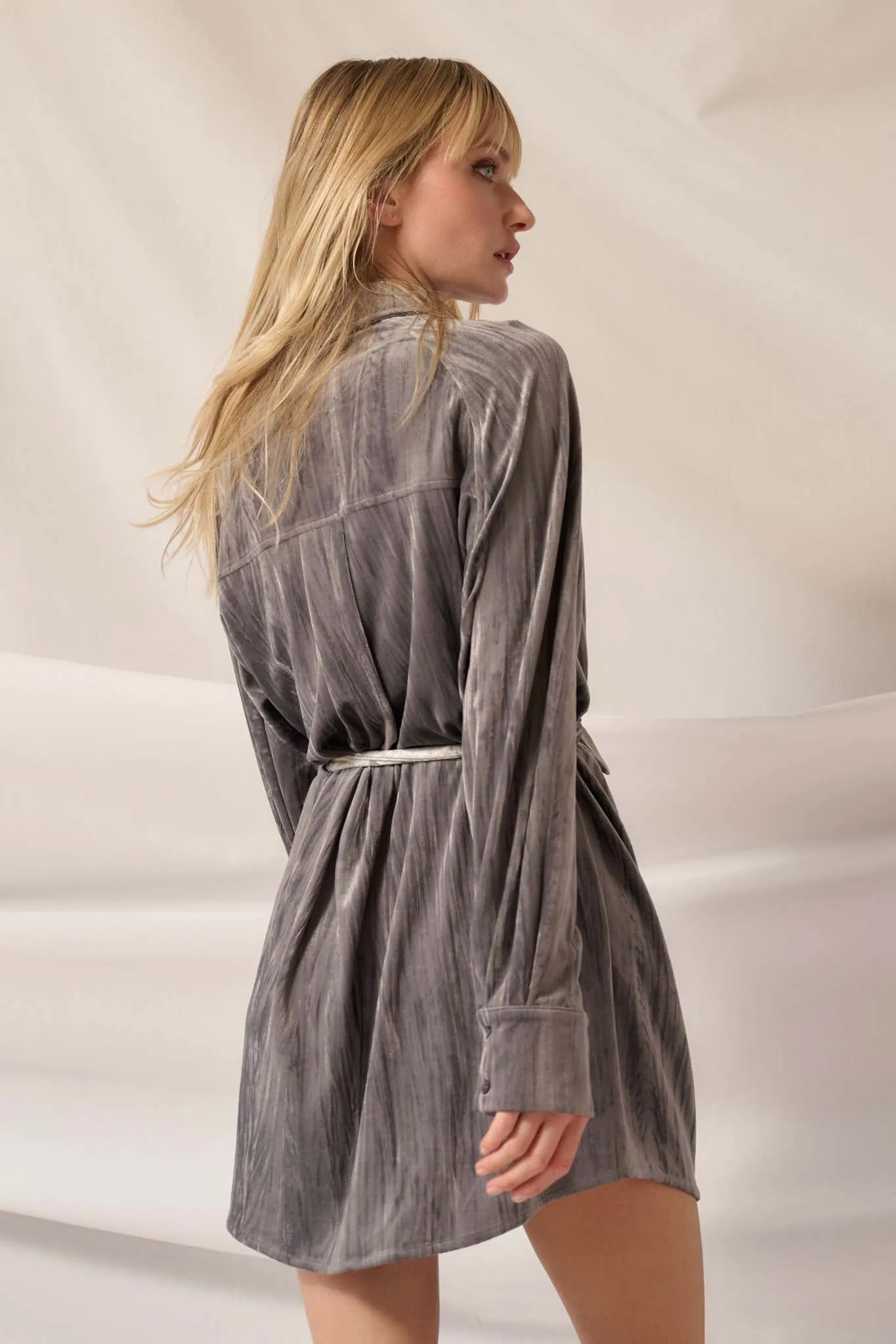 Laid-Back Luxury Crinkle Velvet Mini Shirt Dress