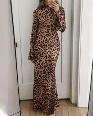 Leopard Print High Collar Stylish Slimming Dress