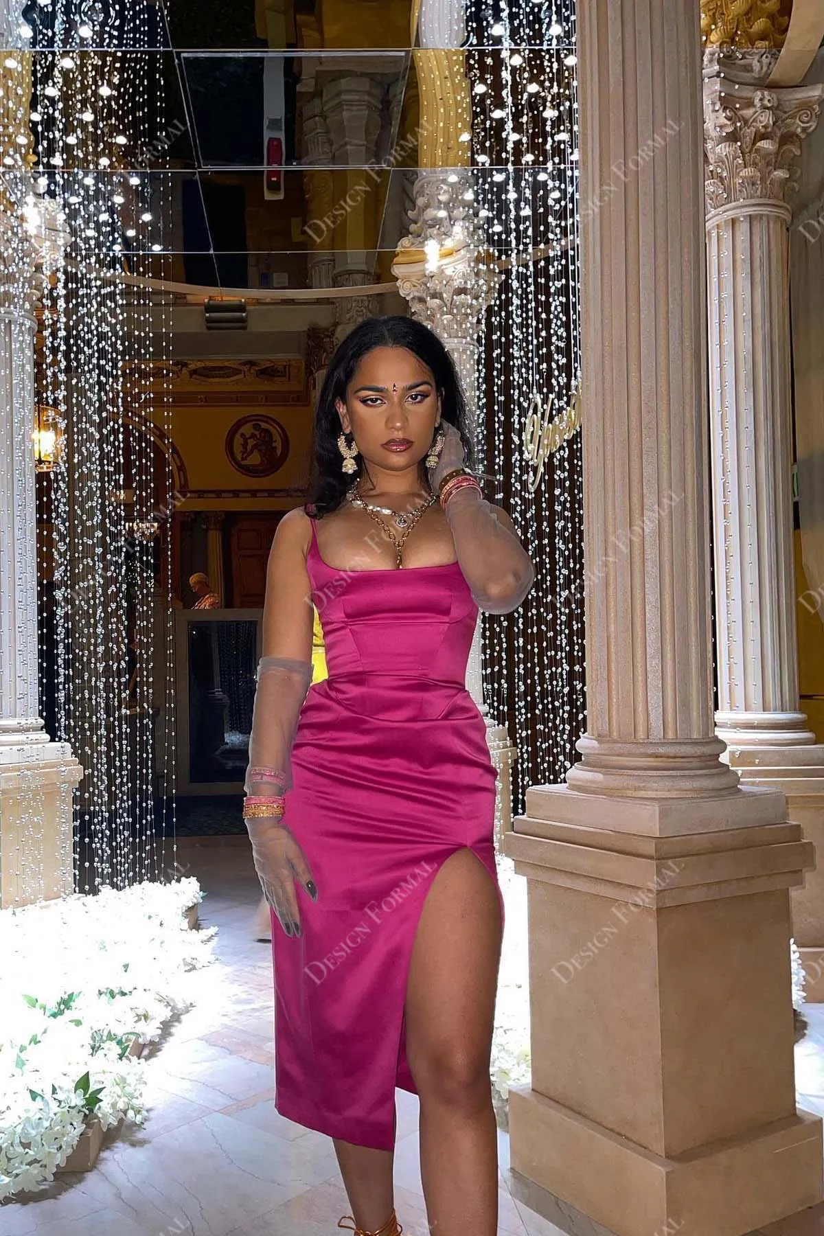 Magenta Satin Square Neck Designer Slit Cocktail Prom Gown