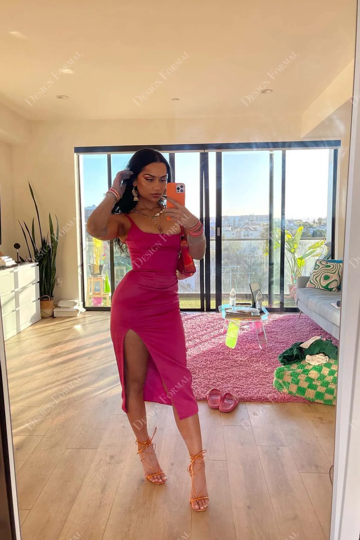 Magenta Satin Square Neck Designer Slit Cocktail Prom Gown