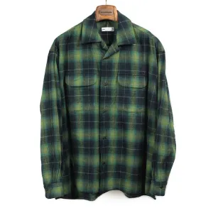 Open collar shirt in green shadow plaid cotton flannel