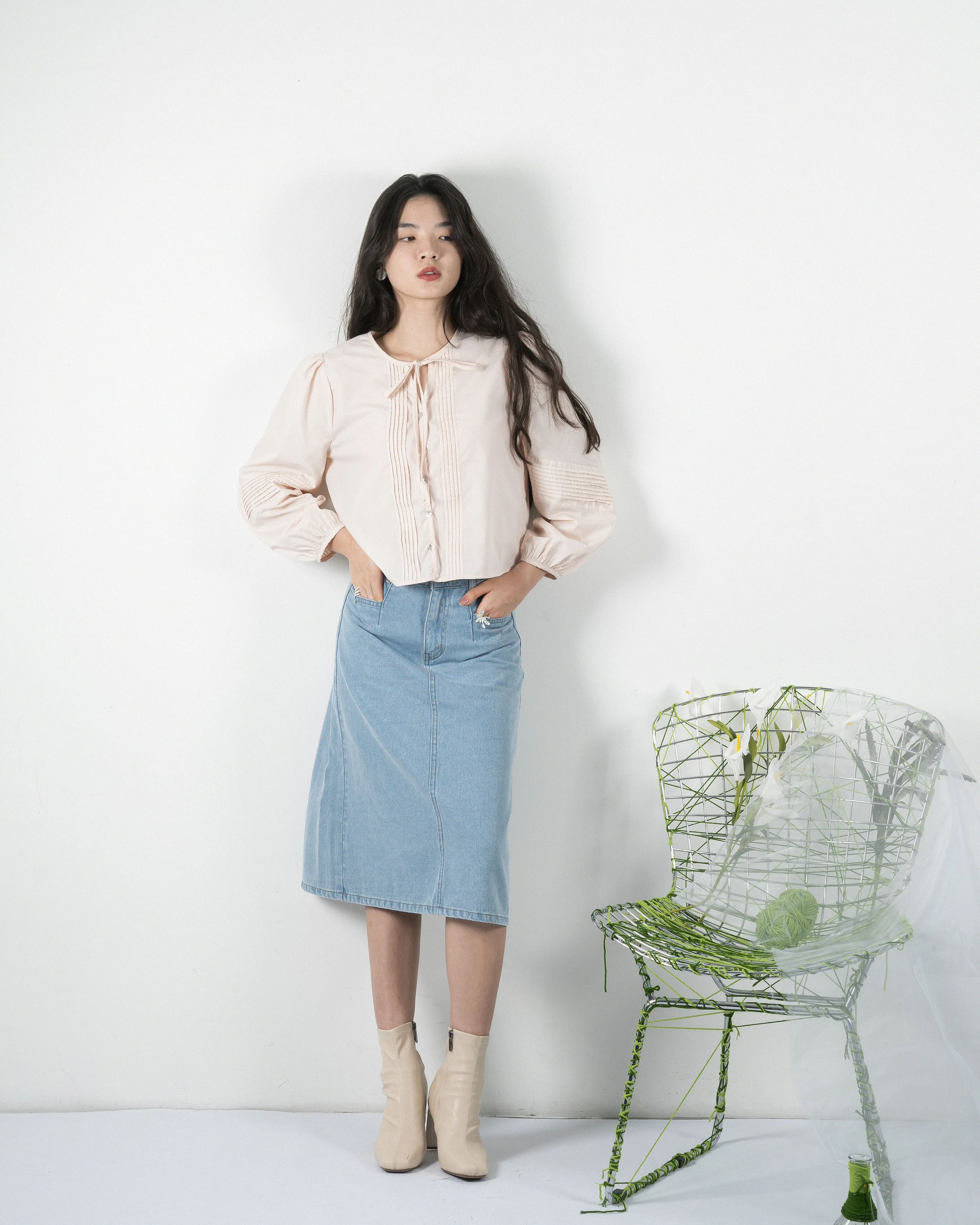 Pleats Long Sleeve Blouse (Beige)