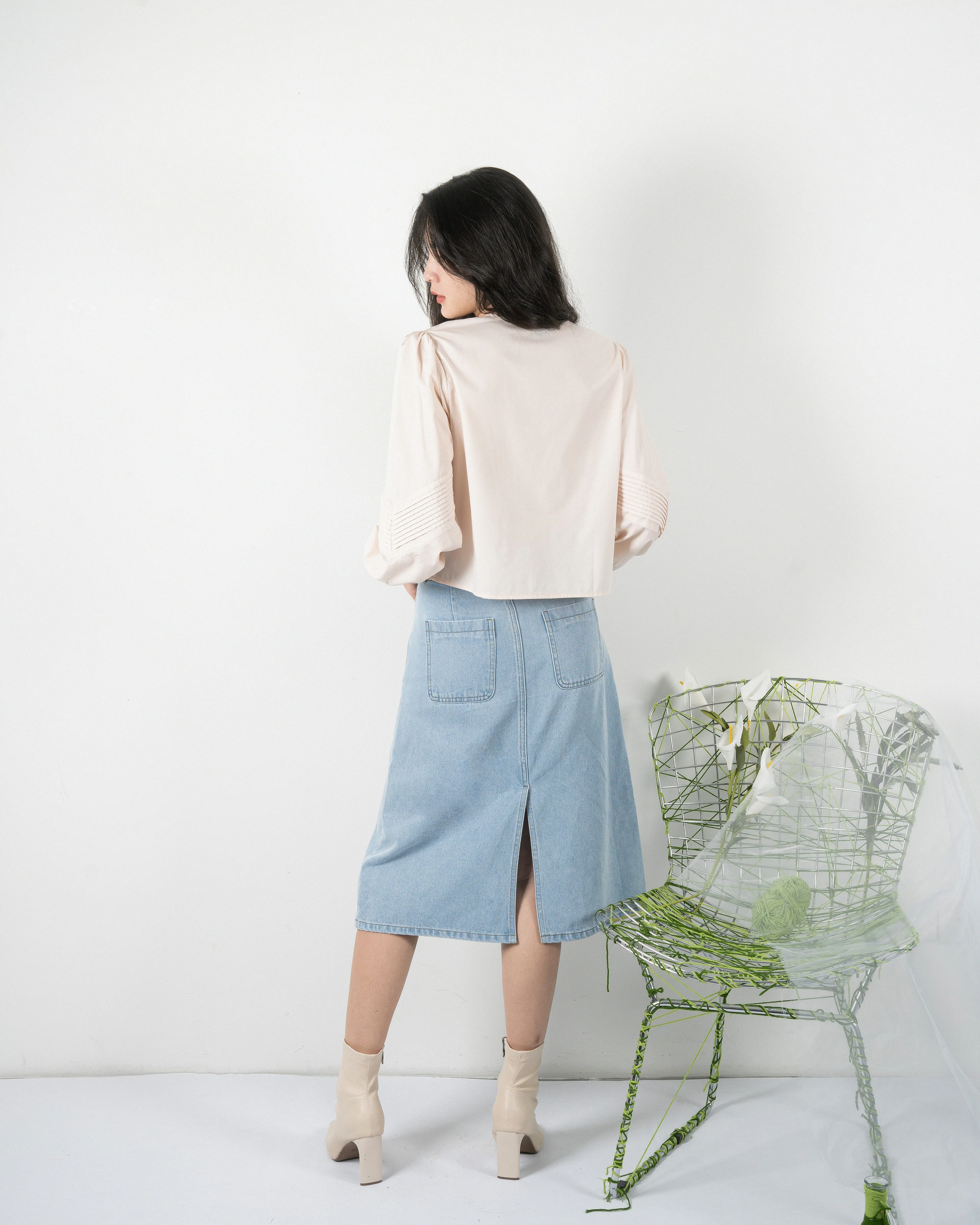 Pleats Long Sleeve Blouse (Beige)