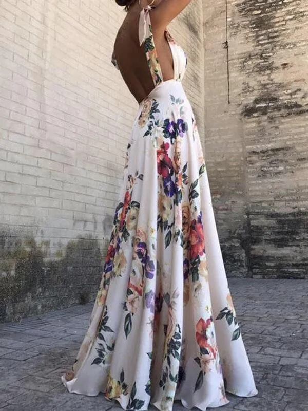 Sexy Sleeveless Floral Print Maxi Dress Two Patten