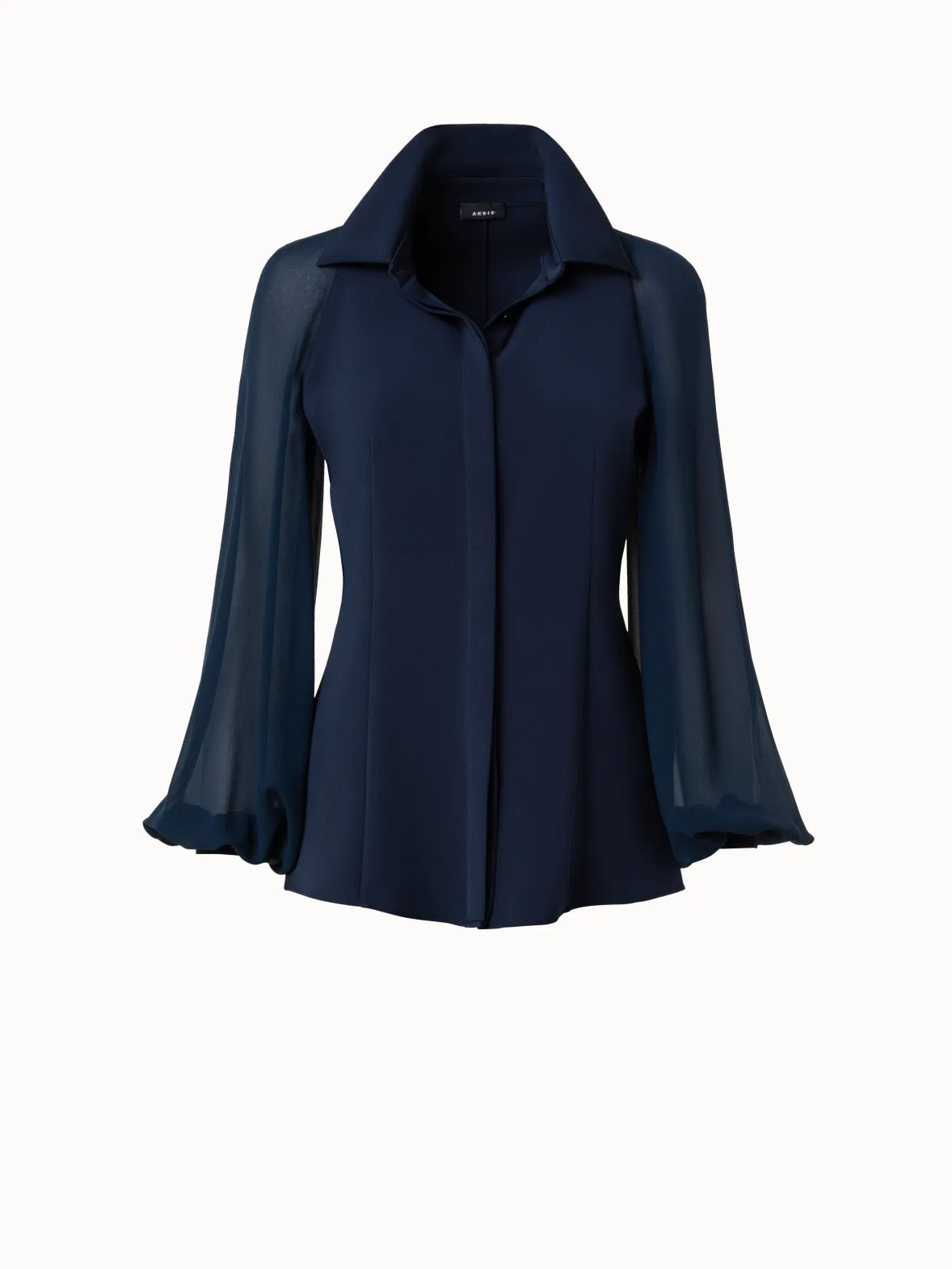 Silk Stretch Blouse with Sheer Organza Sleeves