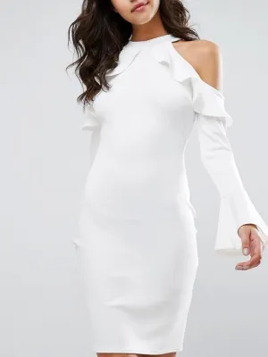 Sweet White Off Shoulder Long Sleeve Round Neck Bodycon Chiffon Mini Dress