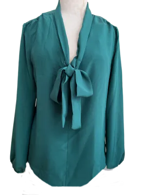 Tie neck pussy cat blouse in emerald green silk