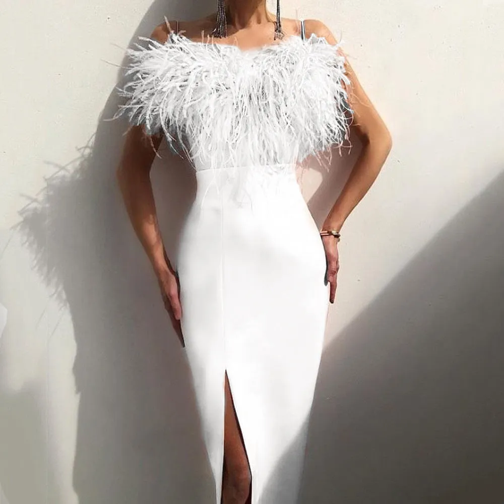 Women's Clothes Suspender Feather Dress Banquet Temperament Slimming Arm Dresses