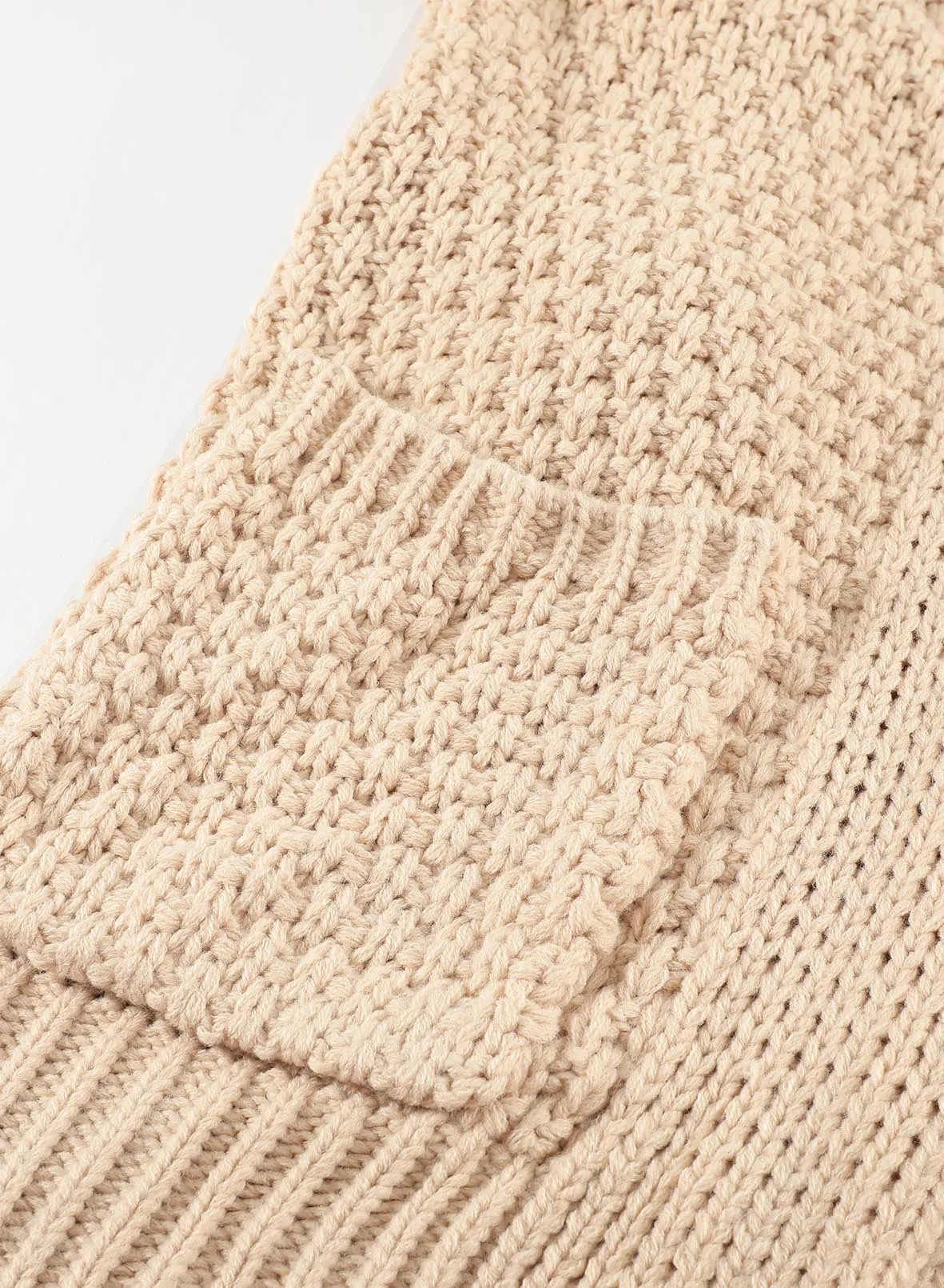 Women's Khaki Open Front Pocket Casual Waffle Knitted Cardigan