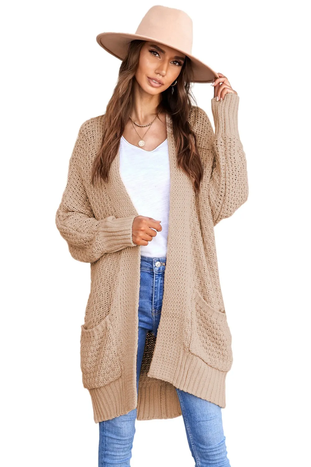Women's Khaki Open Front Pocket Casual Waffle Knitted Cardigan