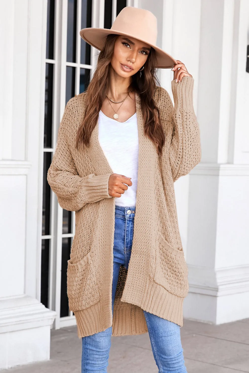 Women's Khaki Open Front Pocket Casual Waffle Knitted Cardigan