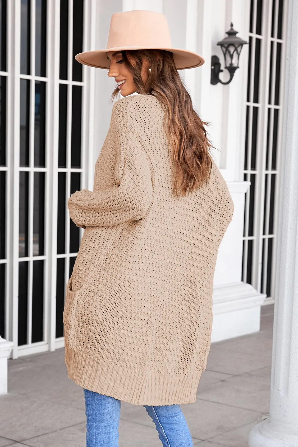 Women's Khaki Open Front Pocket Casual Waffle Knitted Cardigan