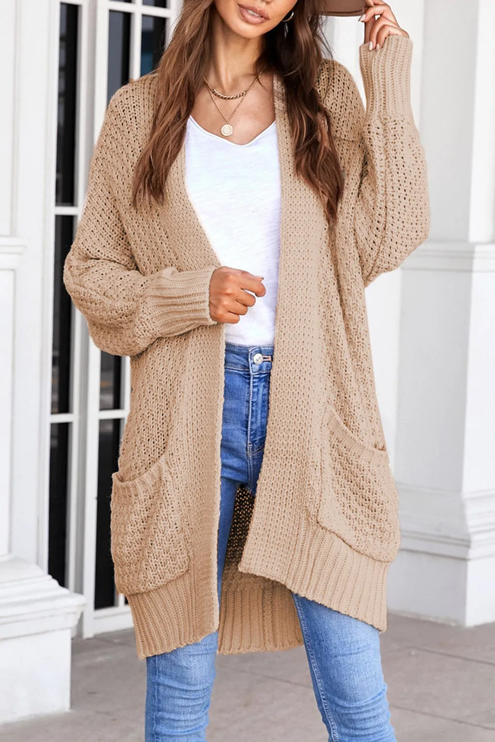 Women's Khaki Open Front Pocket Casual Waffle Knitted Cardigan