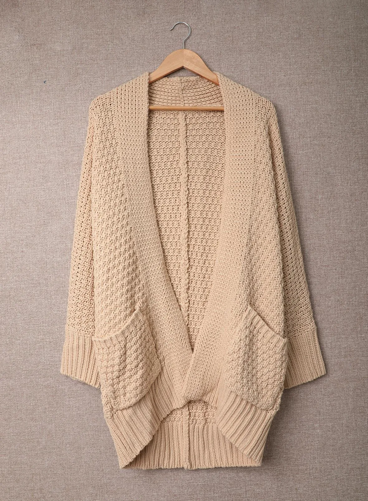 Women's Khaki Open Front Pocket Casual Waffle Knitted Cardigan