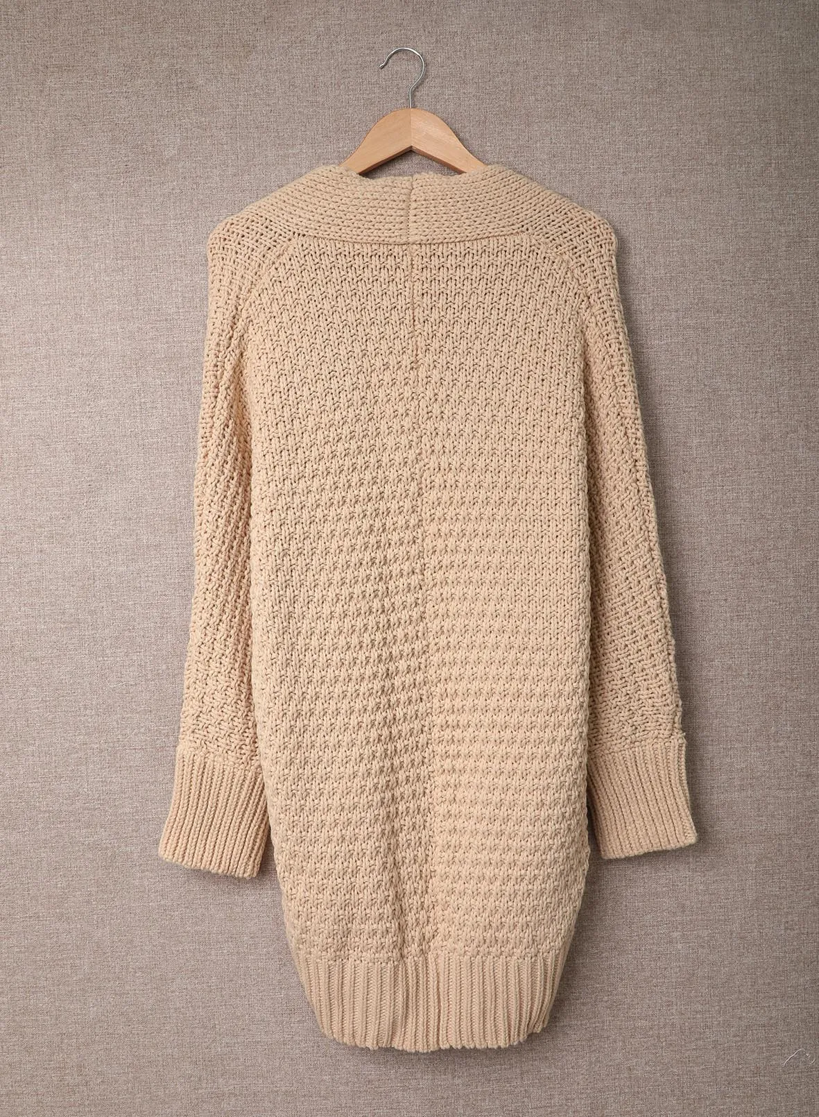 Women's Khaki Open Front Pocket Casual Waffle Knitted Cardigan